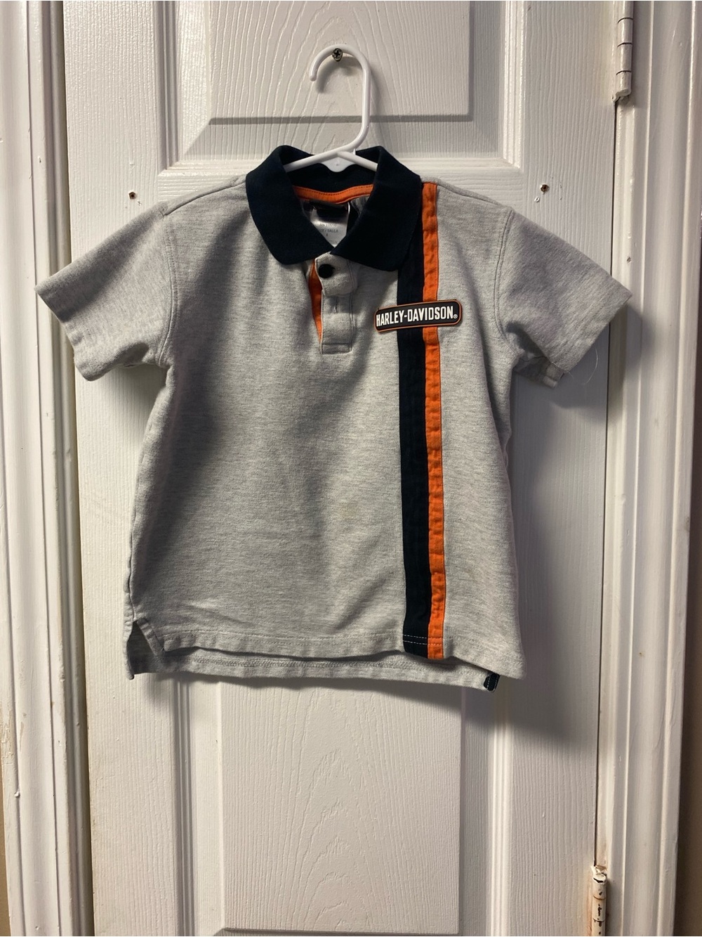 Harley-Davidson Light Gray Polo with Black Collar and Orange Stripe. Had A Spot